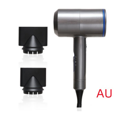 Silver and black Trendoligy 2000W hair dryer with two black nozzle attachments on white background