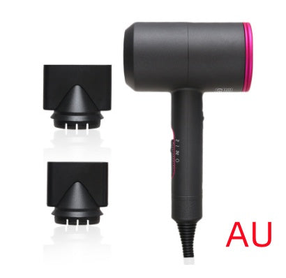 black and pink hair dryer with two black nozzle attachments on white background AU plug