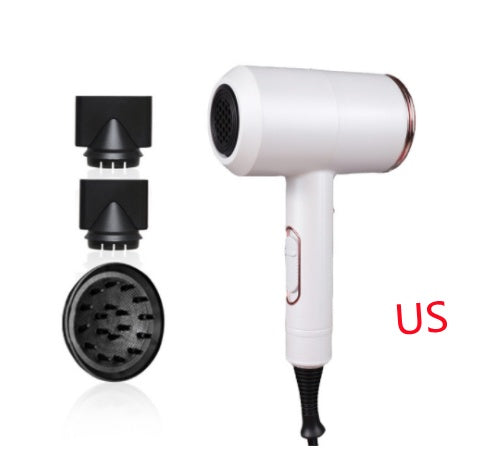 White hotel hair dryer with constant temperature and three black styling attachments set on white background