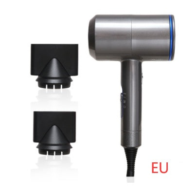 Metallic grey hotel hair dryer with two black nozzle accessories and EU plug type