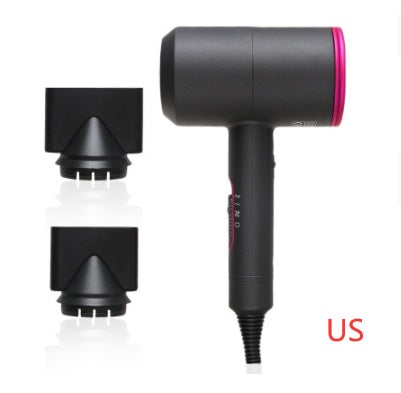 Black and pink hotel hair dryer with two black nozzle attachments and US plug