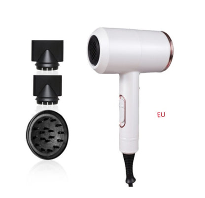 White hotel hair dryer with black diffuser and two nozzle attachments, EU plug