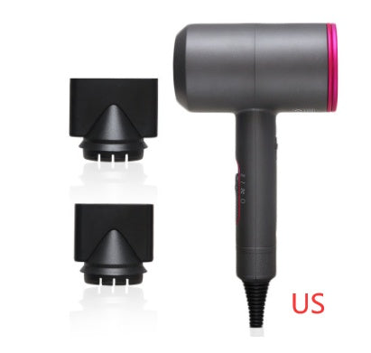 black hotel hair dryer with two black nozzle attachments and US plug