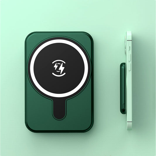 Green magnetic wireless portable power bank and matching smartphone on mint green background