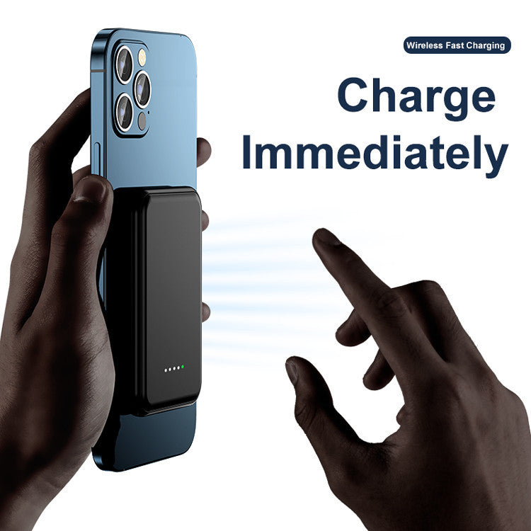 Black magnetic 5000mAh wireless power bank attached to blue iPhone, promoting fast wireless charging