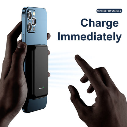 Black magnetic 5000mAh wireless power bank attached to blue iPhone, promoting fast wireless charging