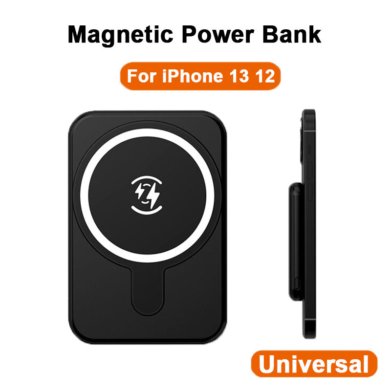 Black magnetic power bank with wireless charging for iPhone 13 and 12, slim universal portable charger