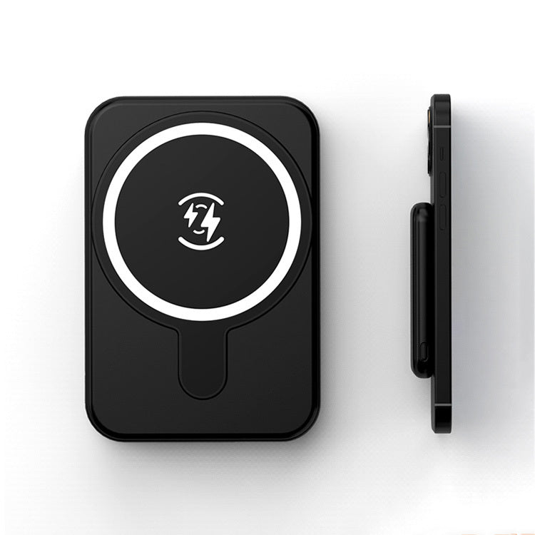 Black Trendoligy 5000mAh magnetic power bank with wireless charging for iPhone, front and side views