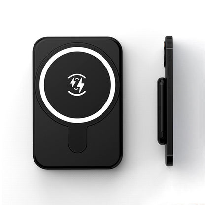 Black Trendoligy 5000mAh magnetic power bank with wireless charging for iPhone, front and side views