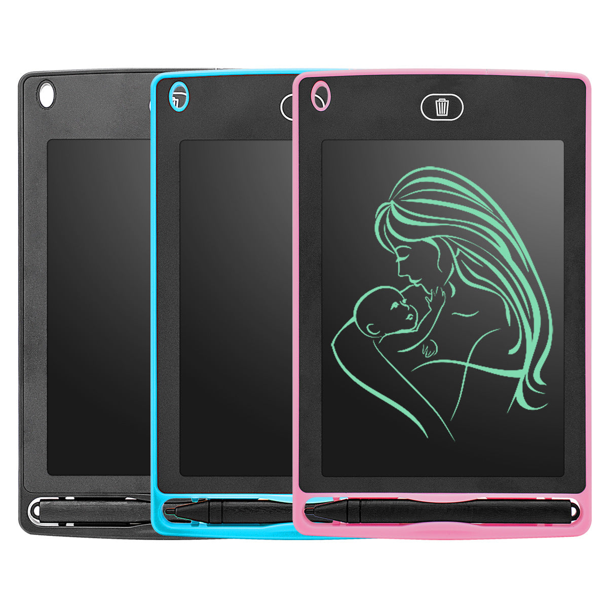 Three 6.5-inch Trendoligy LCD writing tablets in black, blue, and pink with stylus pens, pink tablet shows drawing of mother and baby