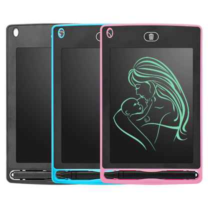 Three 6.5-inch Trendoligy LCD writing tablets in black, blue, and pink with stylus pens, pink tablet shows drawing of mother and baby