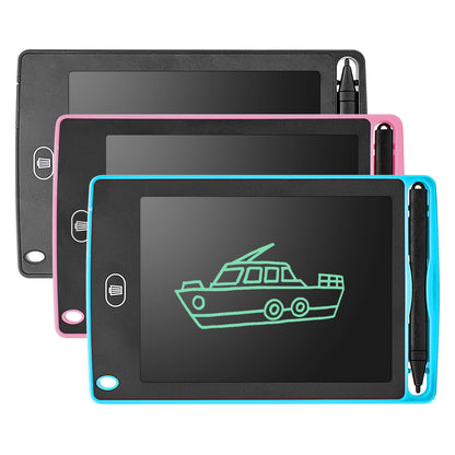 Three 6.5 inch LCD handwriting boards in black, pink, and blue with stylus pens and boat drawing