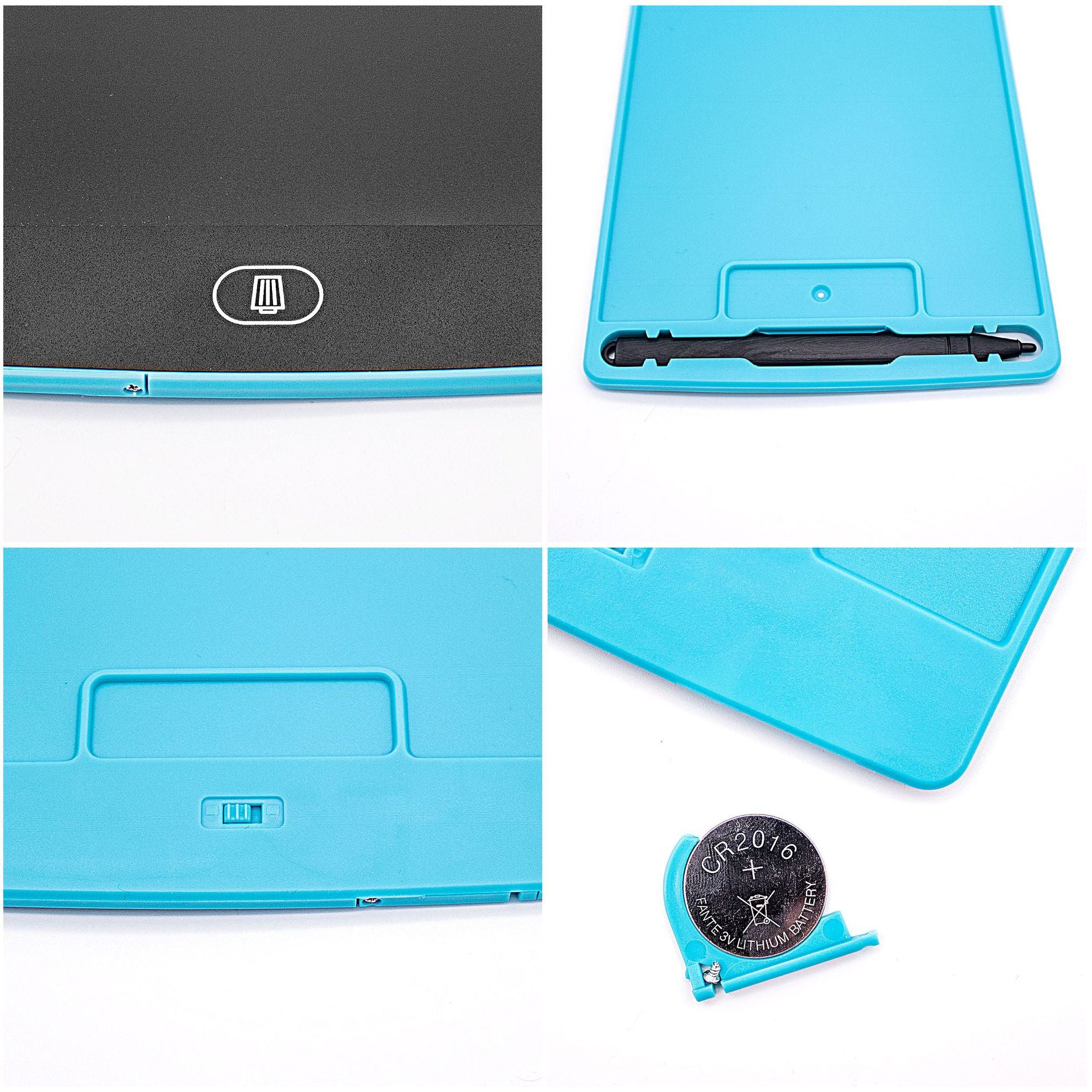 6.5-inch Trendoligy LCD handwriting board with blue frame, stylus holder, and CR2016 battery