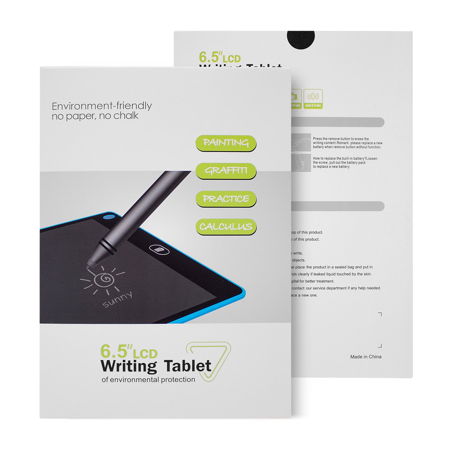6.5 inch LCD writing tablet packaging with stylus pen and eco-friendly features for drawing and practice