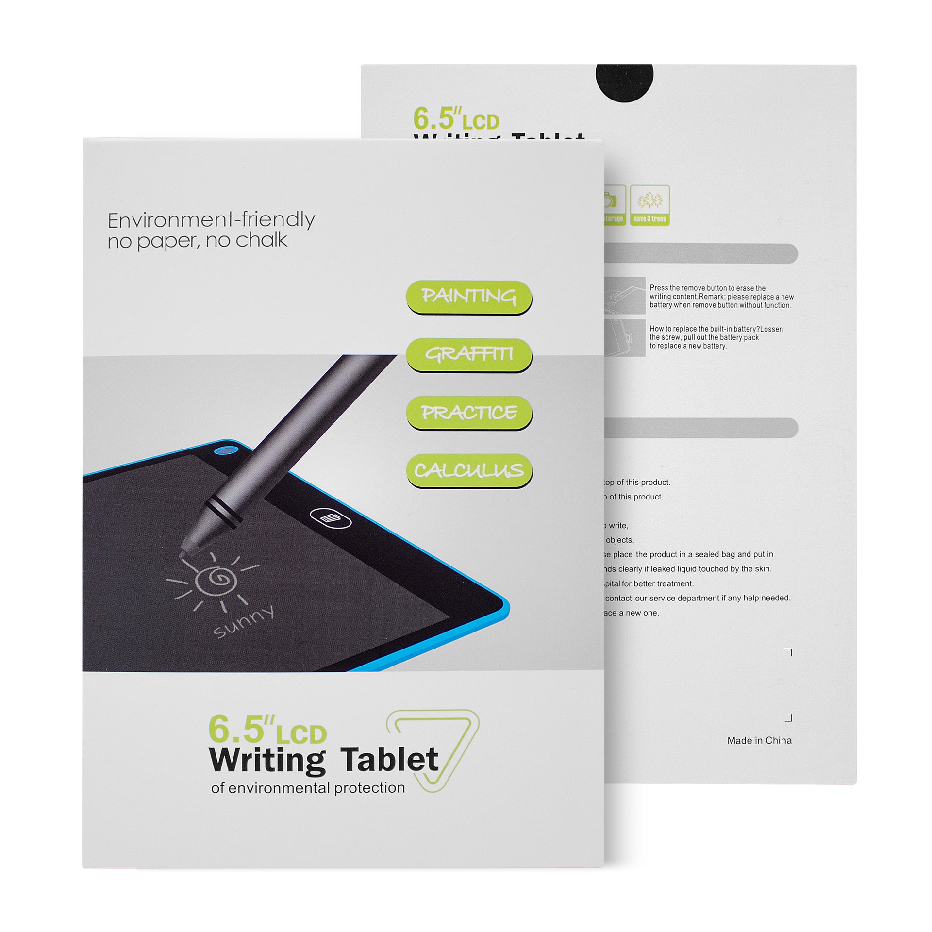 6.5 inch LCD writing tablet packaging with stylus pen and eco-friendly features for drawing and practice