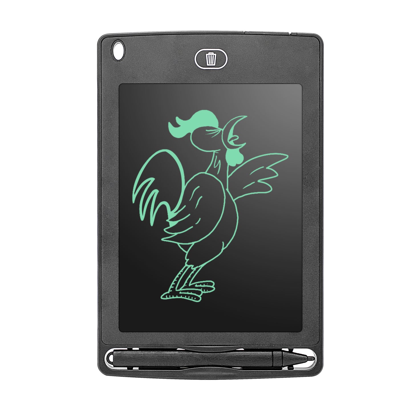 6.5-inch black Trendoligy LCD handwriting board with green rooster drawing and stylus pen