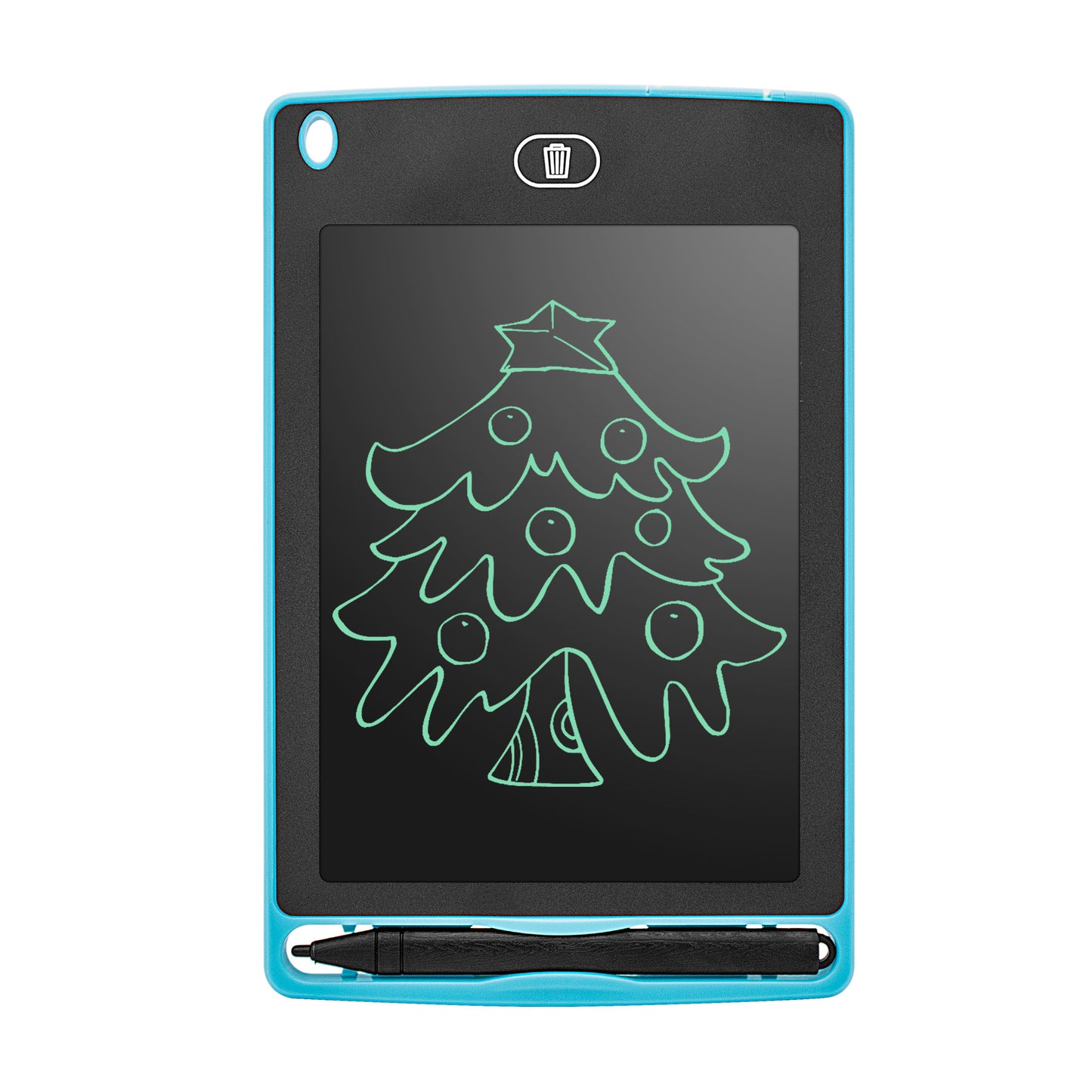 Blue LCD handwriting board with stylus and digital drawing of Christmas tree with star and ornaments