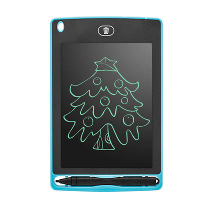 Blue LCD handwriting board with stylus and digital drawing of Christmas tree with star and ornaments