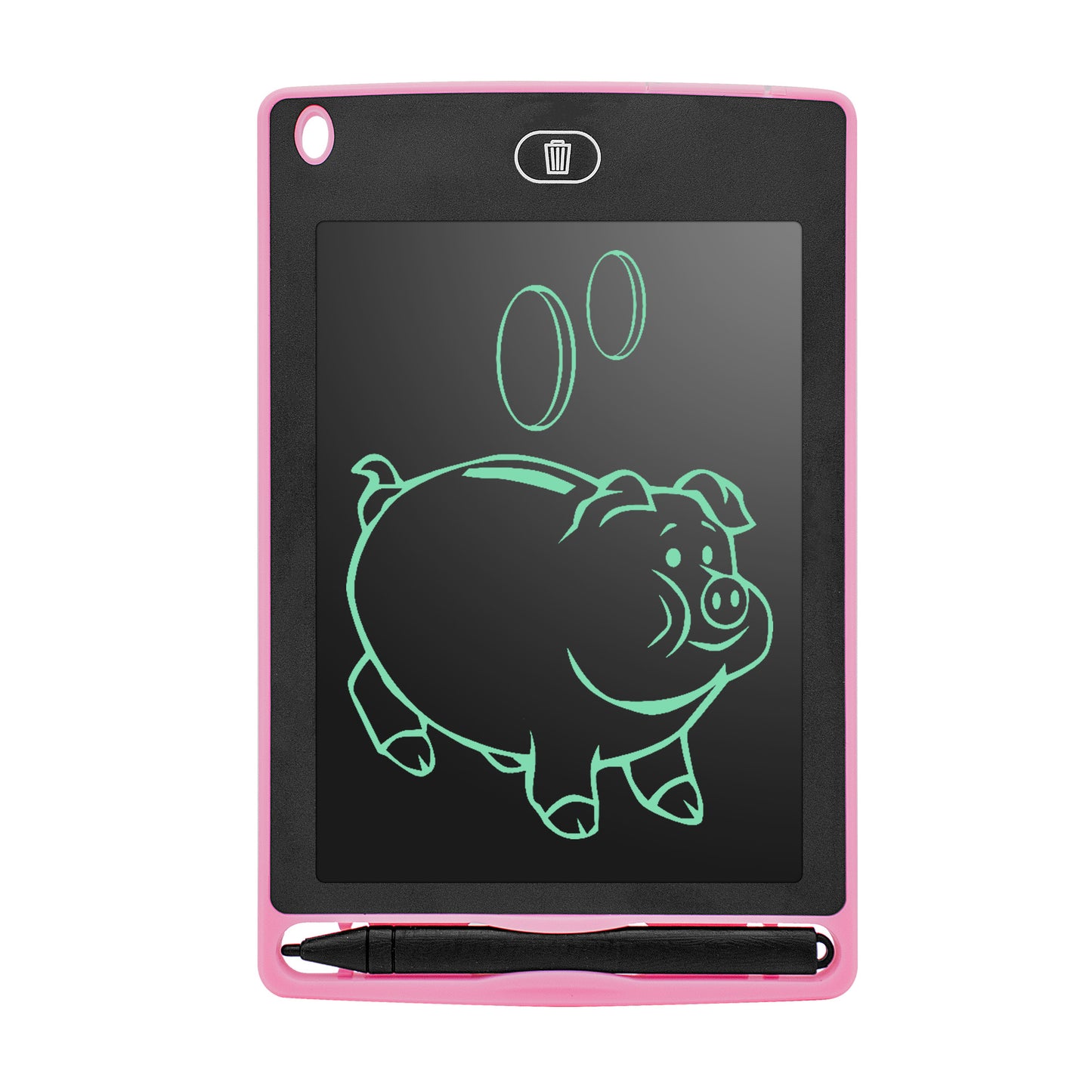 Pink 6.5-inch LCD handwriting board with piggy bank drawing and black stylus