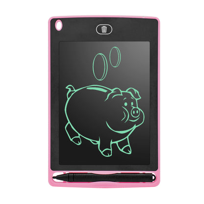 Pink 6.5-inch LCD handwriting board with piggy bank drawing and black stylus