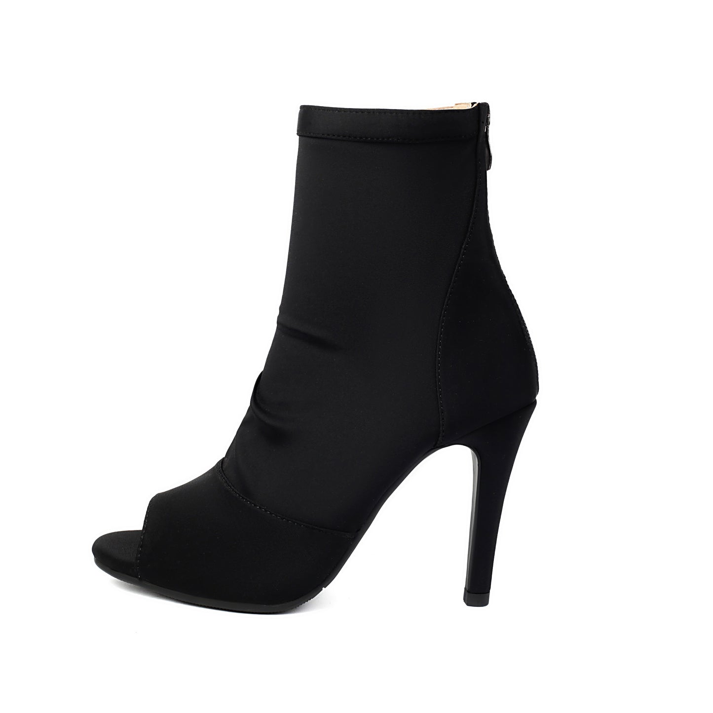 Black women's stiletto ankle boots with peep toe and smooth fabric upper