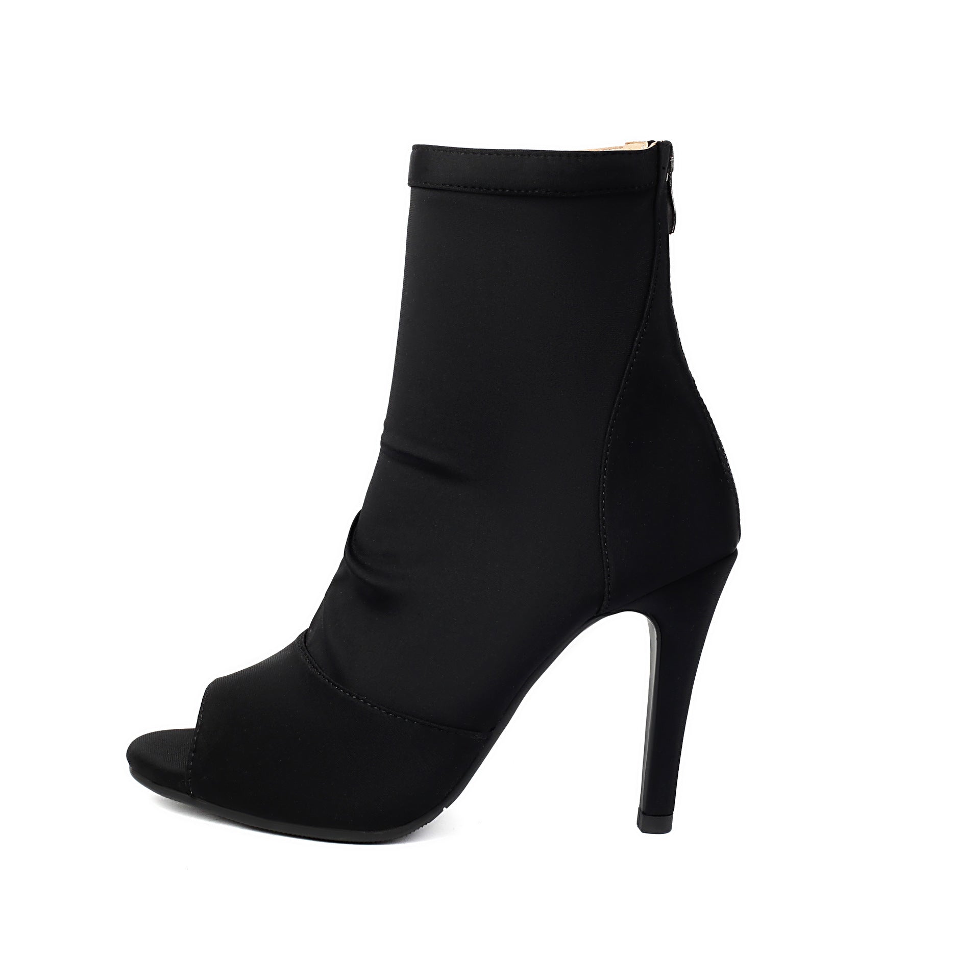Black women's stiletto ankle boots with peep toe and smooth fabric upper