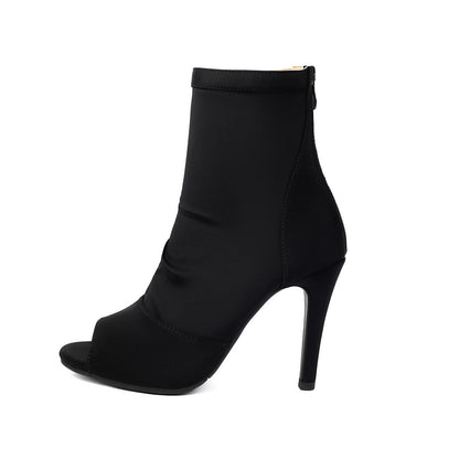 Black women's stiletto ankle boots with peep toe and smooth fabric upper