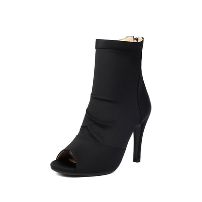 Black women's stiletto ankle boot with peep toe and sleek fabric upper