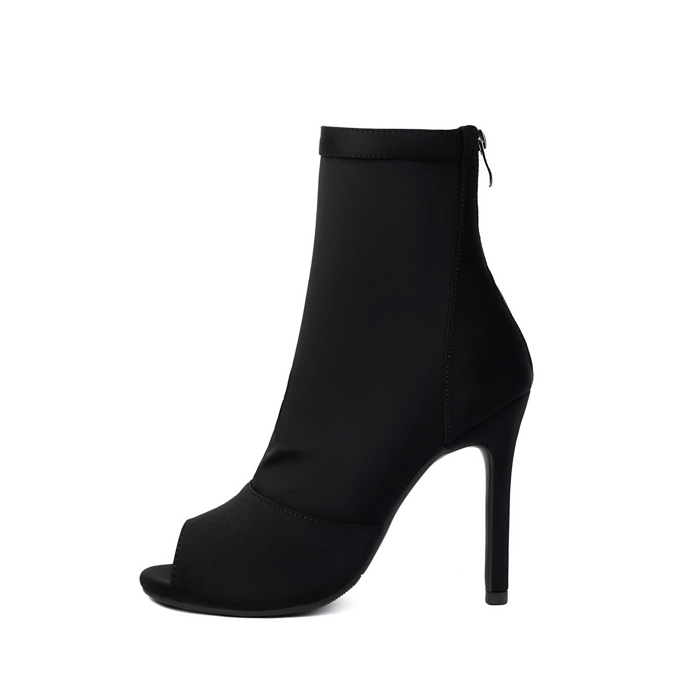 Black women's stiletto ankle boots with peep toe and back zipper on white background