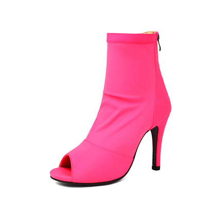 Neon pink women's stiletto boot with peep toe and fishmouth design on white background