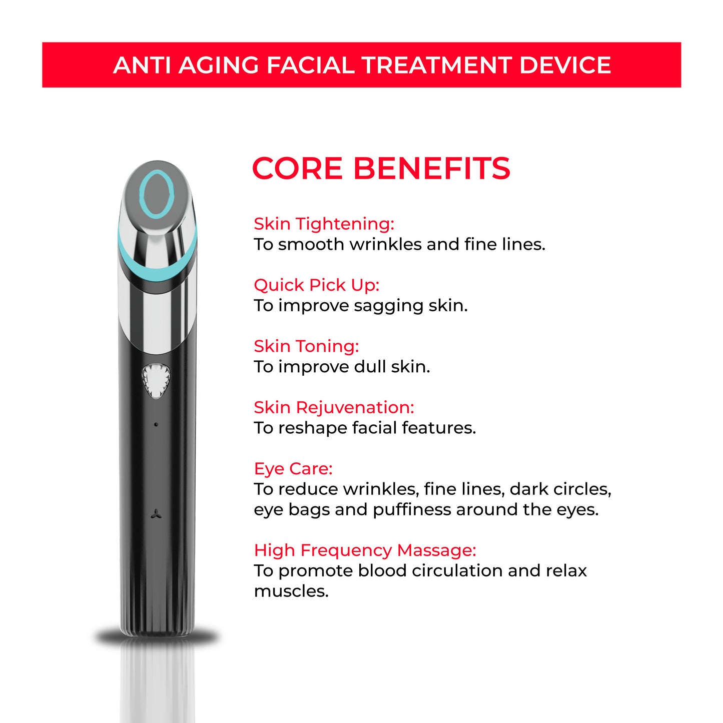 Black anti-aging facial treatment device with silver and blue accents showcasing core skincare benefits
