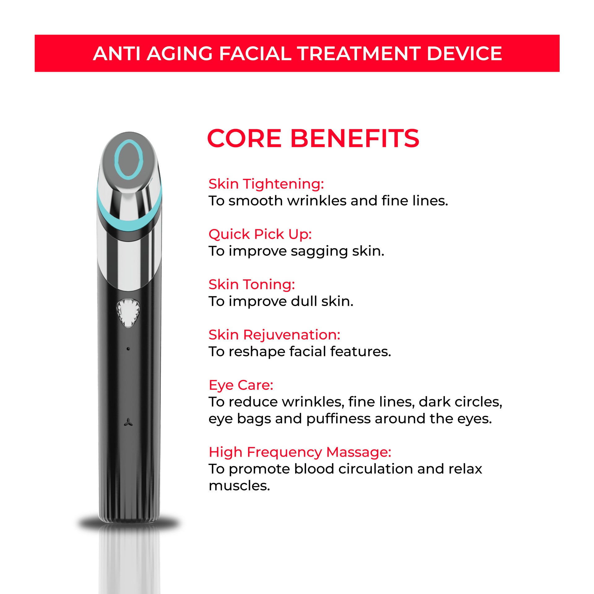 Black anti-aging facial treatment device with silver and blue accents showcasing core skincare benefits