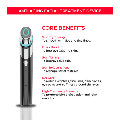 Black anti-aging facial treatment device with silver and blue accents showcasing core skincare benefits