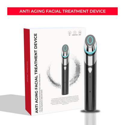 Black anti-aging facial treatment device with LED display and packaging showing RF, vibration, EMS features