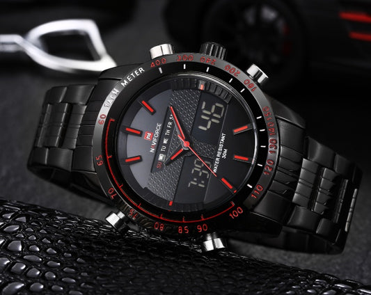 Naviforce black men's sports watch with dual analog-digital display, red accents, and tachymeter bezel