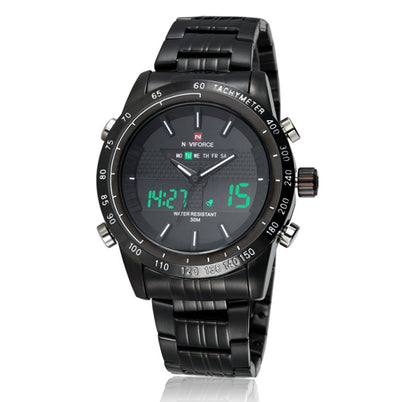 Black Naviforce men's sports watch with dual analog digital display, tachymeter bezel, and metal strap