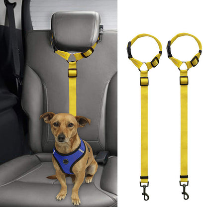 Small dog in blue harness secured with adjustable yellow car pet leash on gray car seat, leash shown separately