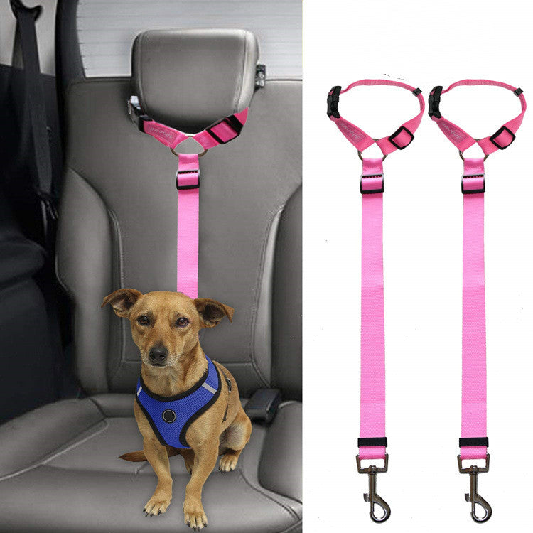 Small brown dog wearing blue harness secured with pink adjustable car pet leash on car seat
