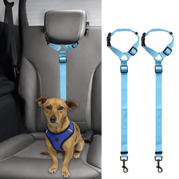 Small tan dog secured with blue adjustable pet car seat belt harness on gray car seat