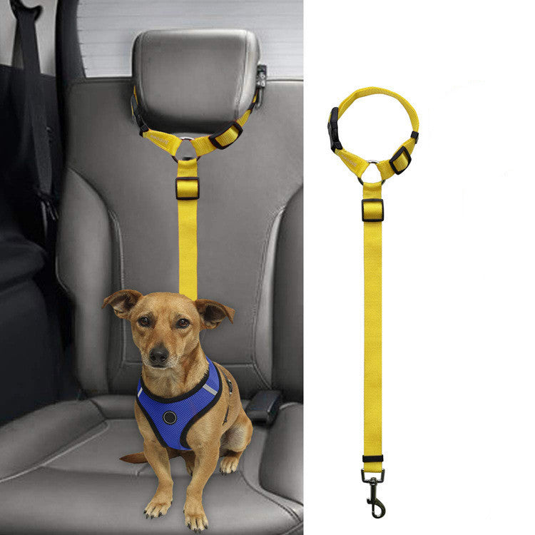 Yellow adjustable dog safety seatbelt leash attached to car headrest with small dog in blue harness
