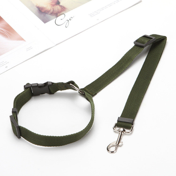 Adjustable black car pet leash with durable green polyester strap and metal clasp on white surface