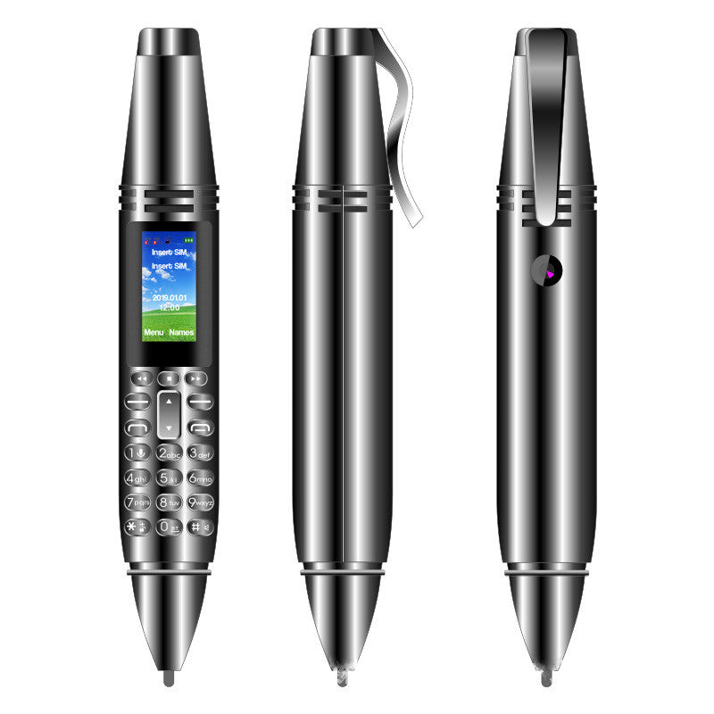 Black mini voice recorder pen with keypad, color screen, and clip shown from three angles