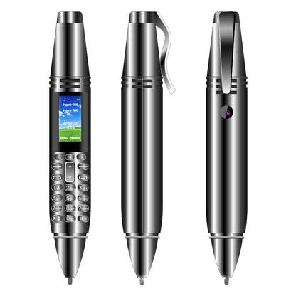 Black mini voice recorder pen with keypad, color screen, and clip shown from three angles
