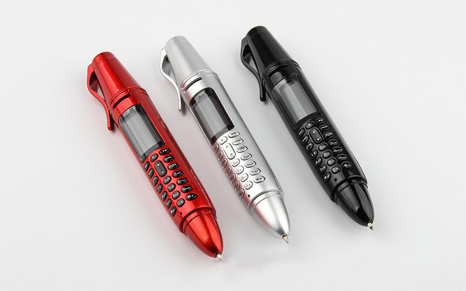 Red, silver, and black pen-shaped voice recorder phones with keypad and screen on white background