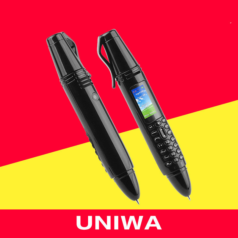 Black Uniwa AK007 mini pen voice recorder phone with keypad and screen on red and yellow background