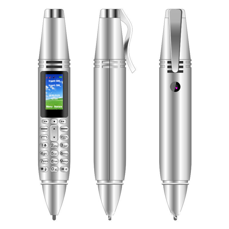 Silver mini pen voice recorder with keypad and screen showing Insert SIM message, displayed from three angles