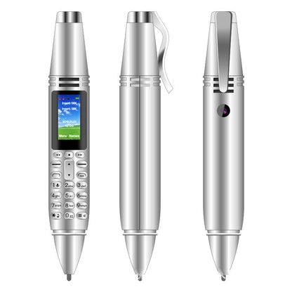 Silver mini pen voice recorder with keypad and screen showing Insert SIM message, displayed from three angles