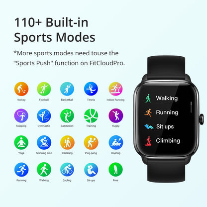 Black Colmi C61 smartwatch displaying sports modes including walking, running, sit ups, climbing with colorful icons for 110+ built-in sports modes