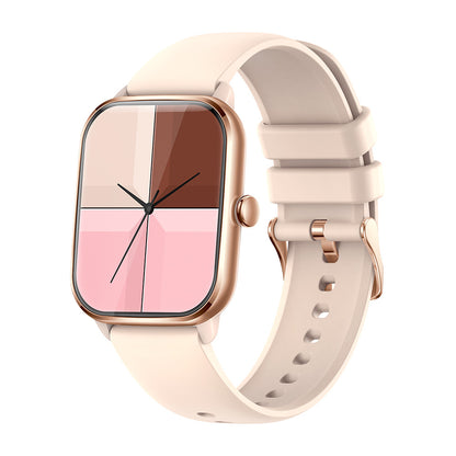 Colmi C61 smart watch with 1.9 inch full screen, beige strap, and square dial with pink and brown quadrants