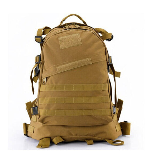 tan tactical hiking backpack with multiple straps and MOLLE webbing, outdoor mountaineering gear